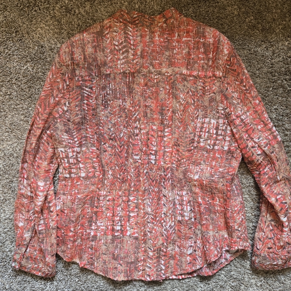 Ruby Rd. Boutique Red and Brown Roll Sleeves Button Up Blouse Size 16 - Picture 6 of 7
